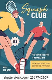 Squash club, sports activity promo card, ad banner, flyer design. Court game promotion, advertising poster. Athlete players with racquets, advertisement flier template. Flat vector illustration