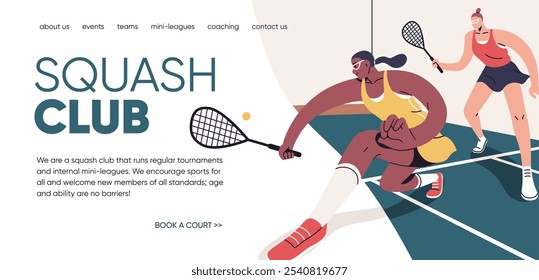 Squash club, website design. Female athlete players with racquets and ball in gym, web page background layout, site template. Sport school, online internet webpage. Flat vector illustration