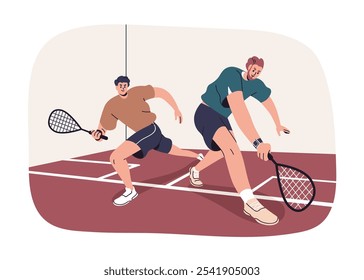 Squash, court game, sport activity. Men players, athlete partners playing sport with racquet and ball. Happy healthy male characters in gym. Flat vector illustration isolated on white background