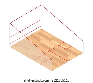 Squash court with red line marking. Wooden parquet and white walls. Realistic playground 3d isometric view. Hardwood material floor. Indoor games. Isolated flat vector illustration on white background