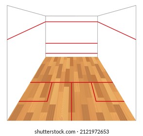 Squash court with red line marking. Wooden parquet and white walls. Realistic playground 3d view. Hardwood material floor. Indoor games in the gym. Isolated vector illustration on white background.