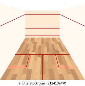 Squash court with red line marking. Wooden parquet and white walls. Realistic playground 3d view. Hardwood material floor. Indoor games in the gym. Isolated vector illustration on white background.