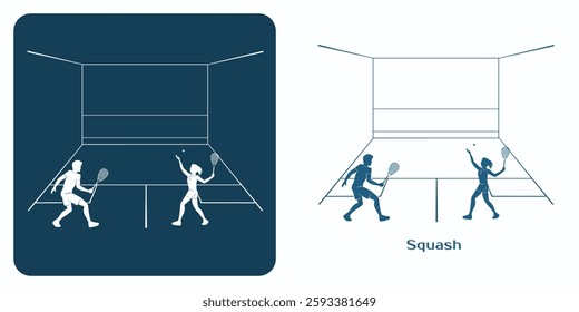 Squash Emblem. Woman and Man playing Squash Rackets. Indoor sport with ball, racket and playable surfaces of walls of the court. Two color, black blue and white graphics. Vector illustration.