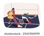 Squash game on court. Athlete players holding rackets, hitting ball against wall. Sport activity, partners playing, training raquetball in gym. Flat vector illustration isolated on white background