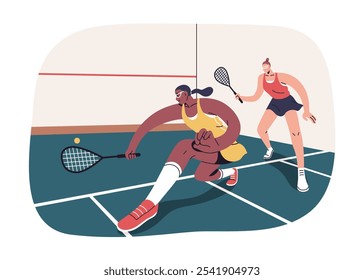 Juego de squash en la cancha. Mujeres jugando con raqueta y pelota, deporte activo. Las atletas femeninas entrenan en espacios cerrados. Jugadores de la muchacha con las raquetas Ilustración vectorial plana aislada en el fondo blanco