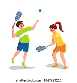 Squash Game Playing Young Man And Woman Vector. Athlete Boy And Girl With Racket And Ball Play Squash. Characters Players Together Sport Active Time Competition Flat Cartoon Illustration