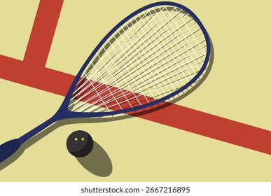 Juego de squash raqueta y la pelota se encuentra en la cancha de squash, vista desde arriba, cartel deportivo, Vector