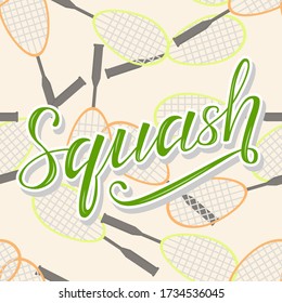 Cuchillo de texto con letras verdes sobre fondo transparente con raqueta de squash, ilustración vectorial. Caligrafía de squash. Deporte, fitness, diseño de vector de actividad. Imprimir para logotipo, camiseta, pegatina, tazón y gorras.