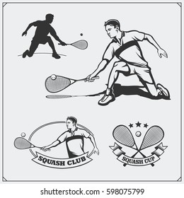 Squash labels, emblems, badges, design elements and silhouette of player. Black and white.