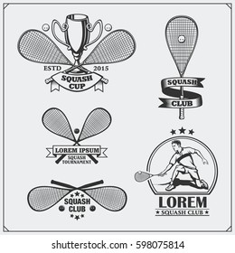 Squash labels, emblems, badges and design elements. Black and white.