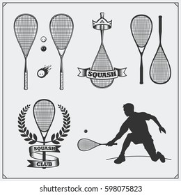 Squash labels, emblems, badges, design elements and silhouette of player. Black and white.