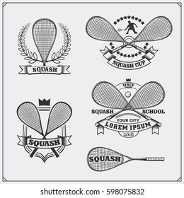 Squash labels, emblems, badges and design elements. Black and white.