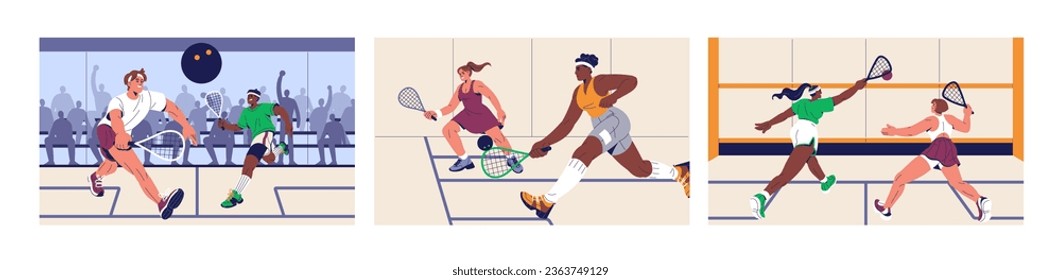 Squash match set. Young tennis players with racket. People play with racquet and ball on championship. Diverse man and woman on court. Sport competition, junior tournament. Flat vector illustration