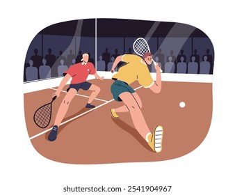 Squash match. Two players with racquets and ball on court. Sport event. Professional athletes pair playing, competition, tournament, contest. Flat vector illustration isolated on white background