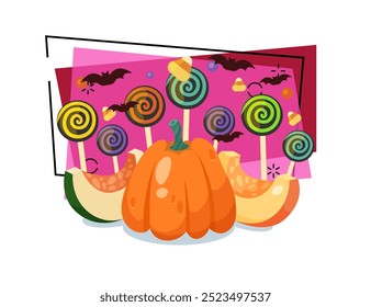 Squash and pieces of pumpkin with lollipops and flying bats on abstract background. Halloween celebration, party, holiday concept. Vector illustration can be used for banner or invitation design