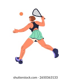 Squash player hits ball with racket back view. Sportswoman plays padel tennis in court. Athlete contests in racquet game. Young sports woman is at match. Flat isolated vector illustration on white