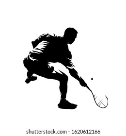 Squash player, silhueta de vetor isolada. Atleta de desenho à tinta com raquete