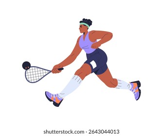Jogador Squash corre, rebate bola com raquete. A esportista joga tênis de padela. Atleta está correndo com raquete. Jovem mulher está em competição de jogos esportivos. Ilustração de vetor isolado plano em branco