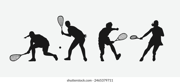 Squash player silhouettes set. Male and female athletes, sport theme. Isolated on white background. Vector illustration.