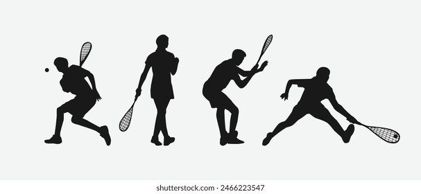 Squash player silhouettes set. Male and female athletes, sport theme. Isolated on white background. Vector illustration.