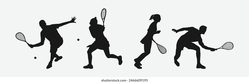 Squash player silhouettes set. Male and female athletes, sport theme. Isolated on white background. Vector illustration.