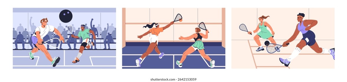 Squash players on court set. Athletes in uniform hold rackets, hit ball with racquet at sport game. Sportsmen and sportswomen with padels play in competition, match. Flat vector illustrations