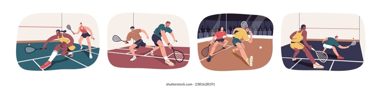 Squash players at sports court. People athletes with rackets, balls playing active game, training. Men and women with racquets in gym hall. Flat vector illustrations isolated on white background