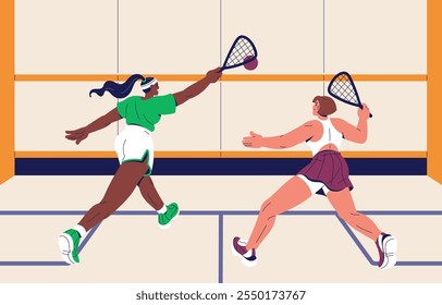 Jugadores de squash en uniforme jugando en el campeonato. Las deportistas lanzan pelota con raquetas durante el partido deportivo. Personas juegan con raquetas en la cancha en torneos, competición. Ilustración vectorial plana