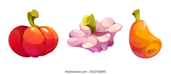 Squash pumpkin and zucchini. Yellow and white pumpkin fruits. Vector cartoon illustration on white background. Cartoon drawing of pumpkin edible plants. Fruits of autumn season