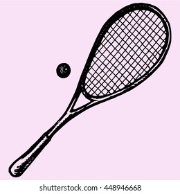 squash racket, ball doodle style sketch illustration hand drawn vector