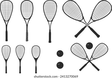 Squash racket silhouette, Racket silhouette, Squash racket and ball logo, Squash racket vector illustration. 