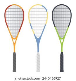 Squash racket vector illustration. Set of different colored rackets.