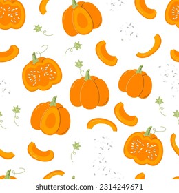 Squash slices and pumpkin seeds isolated on white. Halloween related seamless backdrop. Thanksgiving season vegetable repetition. Local farm ripe product. Hand drawn flat vector pattern illustration