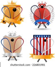 Squash sport banner badges with crowns balls and flags vector illustration.