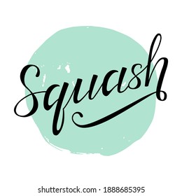 Squash sport black lettering text with squash on background with light blue circle, vector illustration. Squash calligraphy. Sport, fitness, activity vector design. Print for logo, T-shirt and caps.
