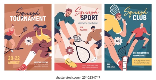 Conjunto de tarjetas deportivas de squash, diseños de volantes. Jugadores de juego de cancha con raquetas, club y promoción de torneos. Plantillas de anuncios promocionales de Vertical, fondos de carteles publicitarios. Ilustraciones vectoriales planas