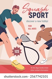 Squash, sport club, flyer design. Court game, promotion card, promo banner, advertising poster. Athlete players with rackets, advertisement, flier and placard template. Flat vector illustration