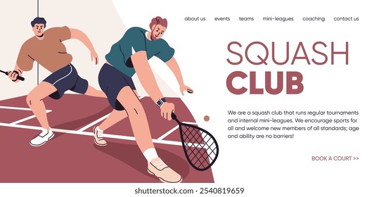 Squash sport club, school, web page design. Active athlete players with rackets on court, webpage layout template, online site background. Internet advertising. Flat vector illustration for website