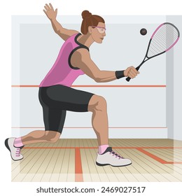 squash sport, female player striking the ball with squash court in the background