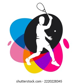 Squash sport graphic with colorful design elements.