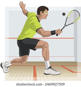 squash sport, male player striking the ball with squash court in the background