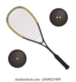 squash sport, two squash balls and racket isolated on a white background