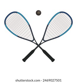 squash sport, two rackets crossed with ball centered isolated on a white background