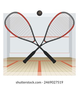 squash sport, two rackets crossed with ball centered and squash court in the background