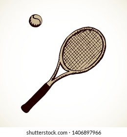 Squash stretched circle net racetball league gear set isolated on white background. Freehand outline ink hand drawn picture logo sign sketchy in art retro scribble style pen on paper. Closeup top view
