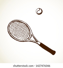 Squash stretched circle net racetball league gear set isolated on white background. Freehand outline ink hand drawn picture logo sign sketchy in art retro scribble style pen on paper. Closeup top view
