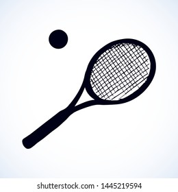 Squash stretched circle net racetball league gear set isolated on white background. Black ink hand drawn pictogram emblem insignia sketchy in art retro engraving style pen on paper. Closeup view