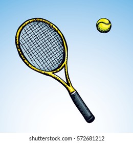 Squash stretched circle net racetball isolated on white sky background. League smash gear set. Bright color hand drawn picture sketchy in retro scribble style. Closeup view
