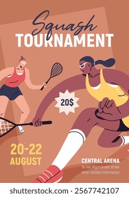 Squash tournament flyer design. Sport court game match, promotion card, banner, advertising poster template. Promo layout for contest with athlete players, rackets. Flat vector illustration