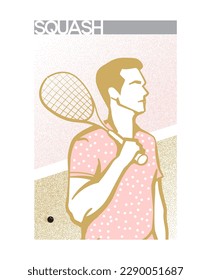 Squash tournament poster. Tennis player with racket and ball in red colors. Sport equipment. Illustration for sports competitions, tennis championship. Modern illustration for poster, card, cover.